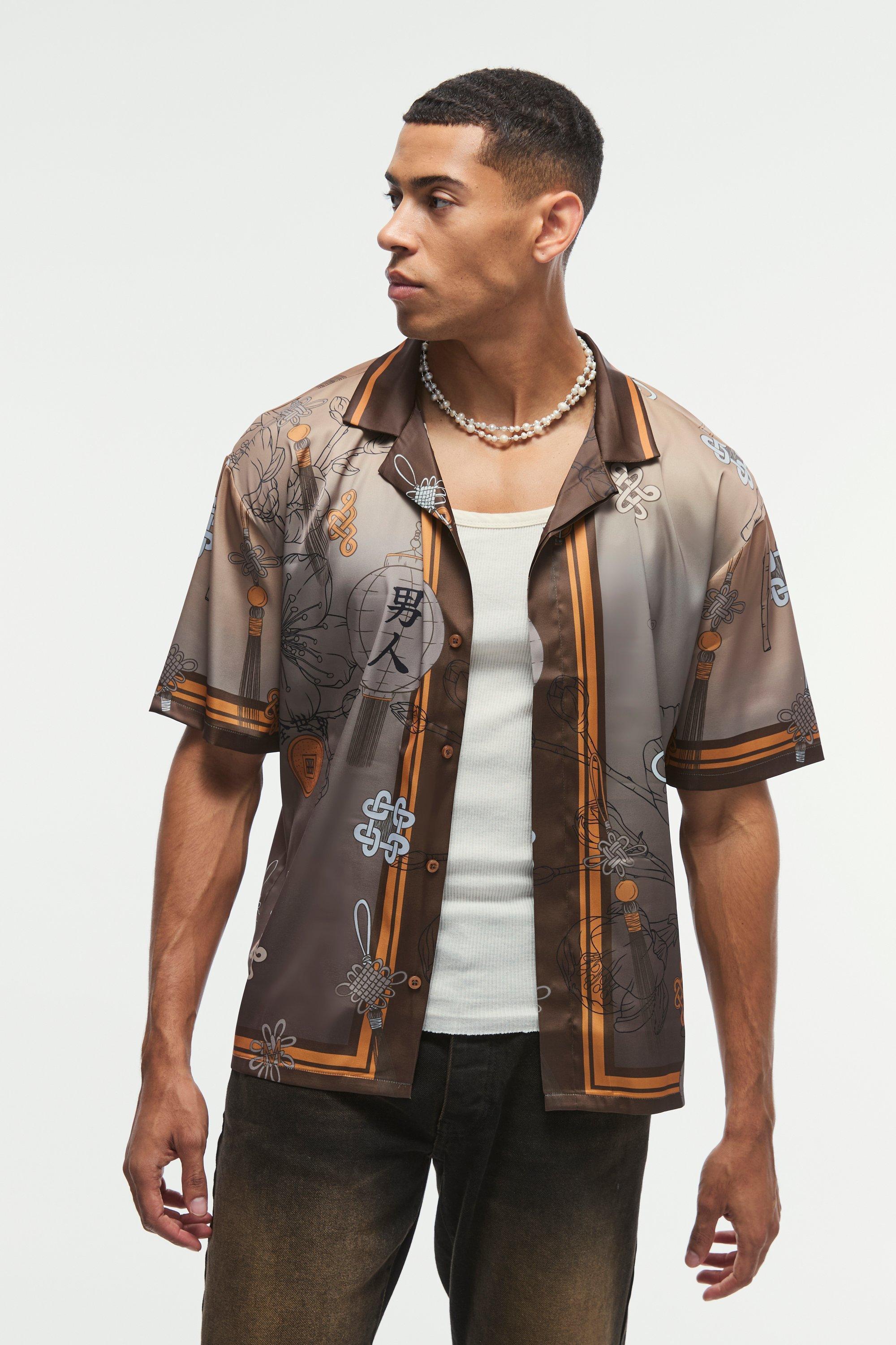 Mens Grey Oversized Satin Floral Shirt, Grey Product Image