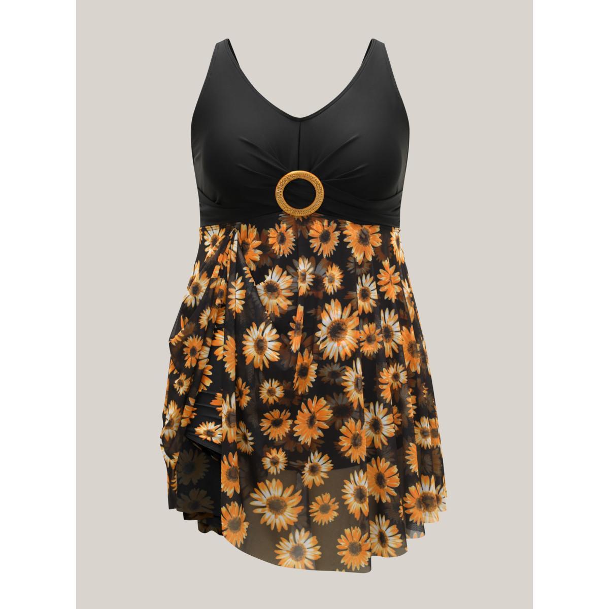 Plus Size Sunflower Pattern Mesh Contrast Swim Dress Women's Swimwear Black Beach Bodycon U-neck High stretch Curve Swim Dresses BloomChic 12/L Product Image