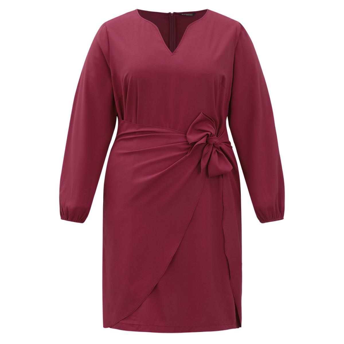 Plus Size Anti-Wrinkle Solid Ties Lantern Sleeve Dress Scarlet Women Office Elastic cuffs Notched collar Long Sleeve Curvy Knee Dress BloomChic 12/L Product Image