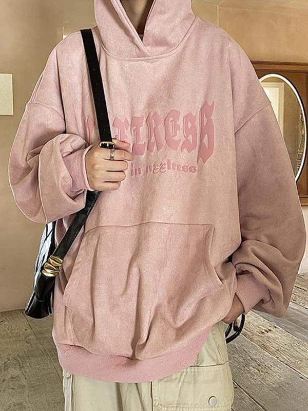 Men's Suede Letter Print Kangaroo Pocket Oversized Hoodie Product Image
