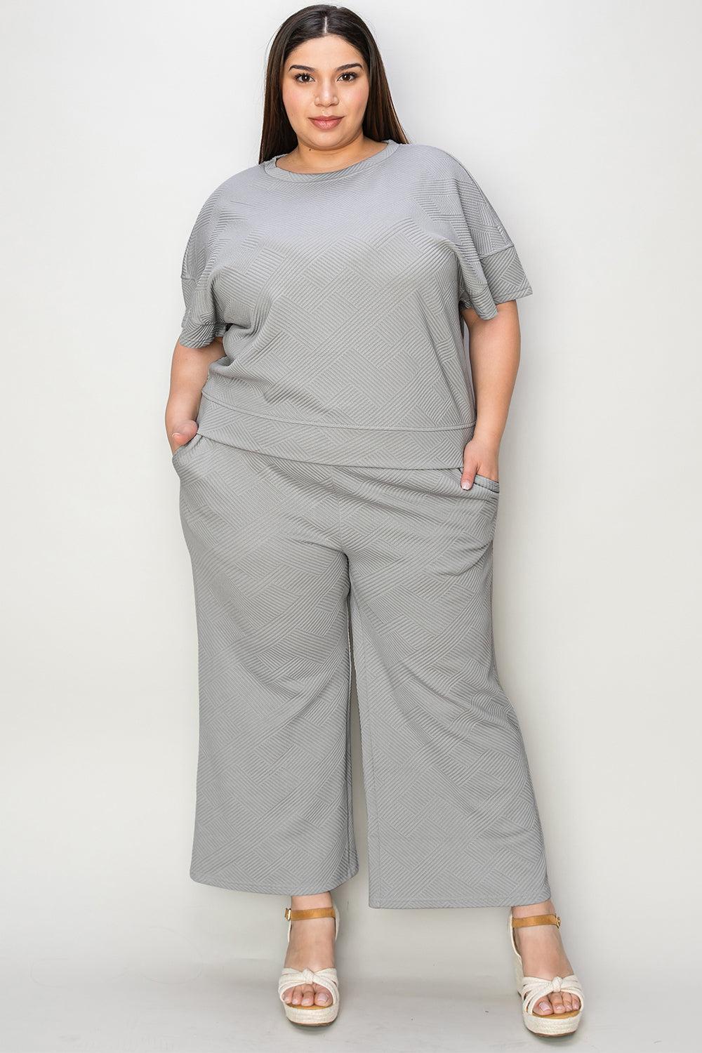 Double Take Full Size Texture Short Sleeve Top and Pants Set Product Image