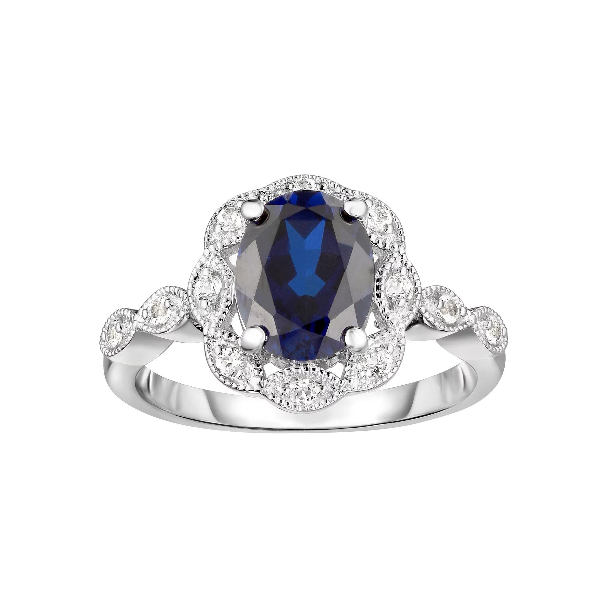 Sterling Silver Lab-Created Gemstone & White Topaz Frame Ring, Women's, Size: 7, Created Blue Blue Product Image