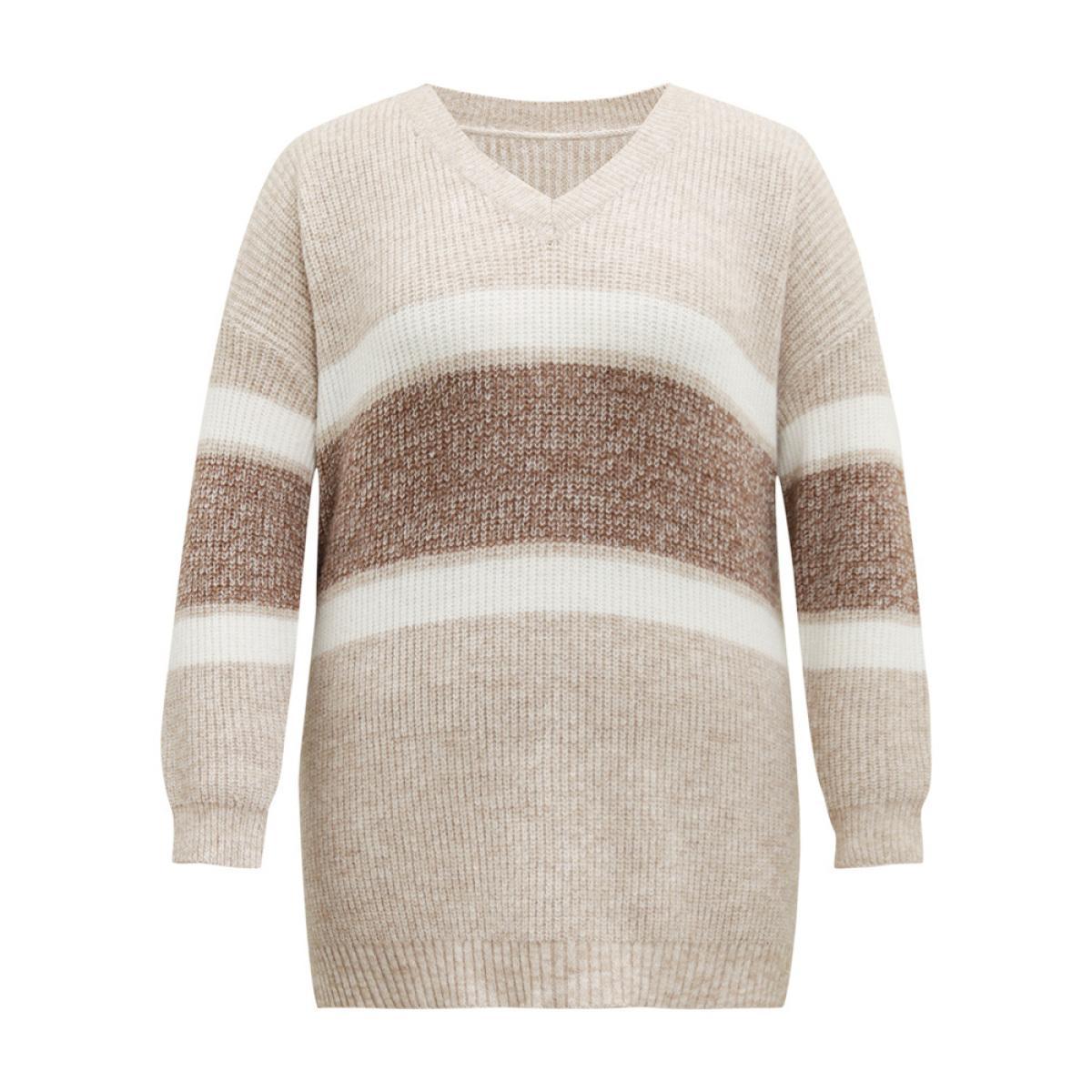 Plus Size Supersoft Essentials Colorblock Contrast V Neck Knit Pullover LightBrown Women Casual Loose Long Sleeve V-neck Dailywear Pullovers BloomChic 26/4X Product Image