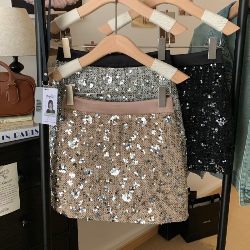 High Waist Sequin Tweed Mini A-Line Skirt Product Image