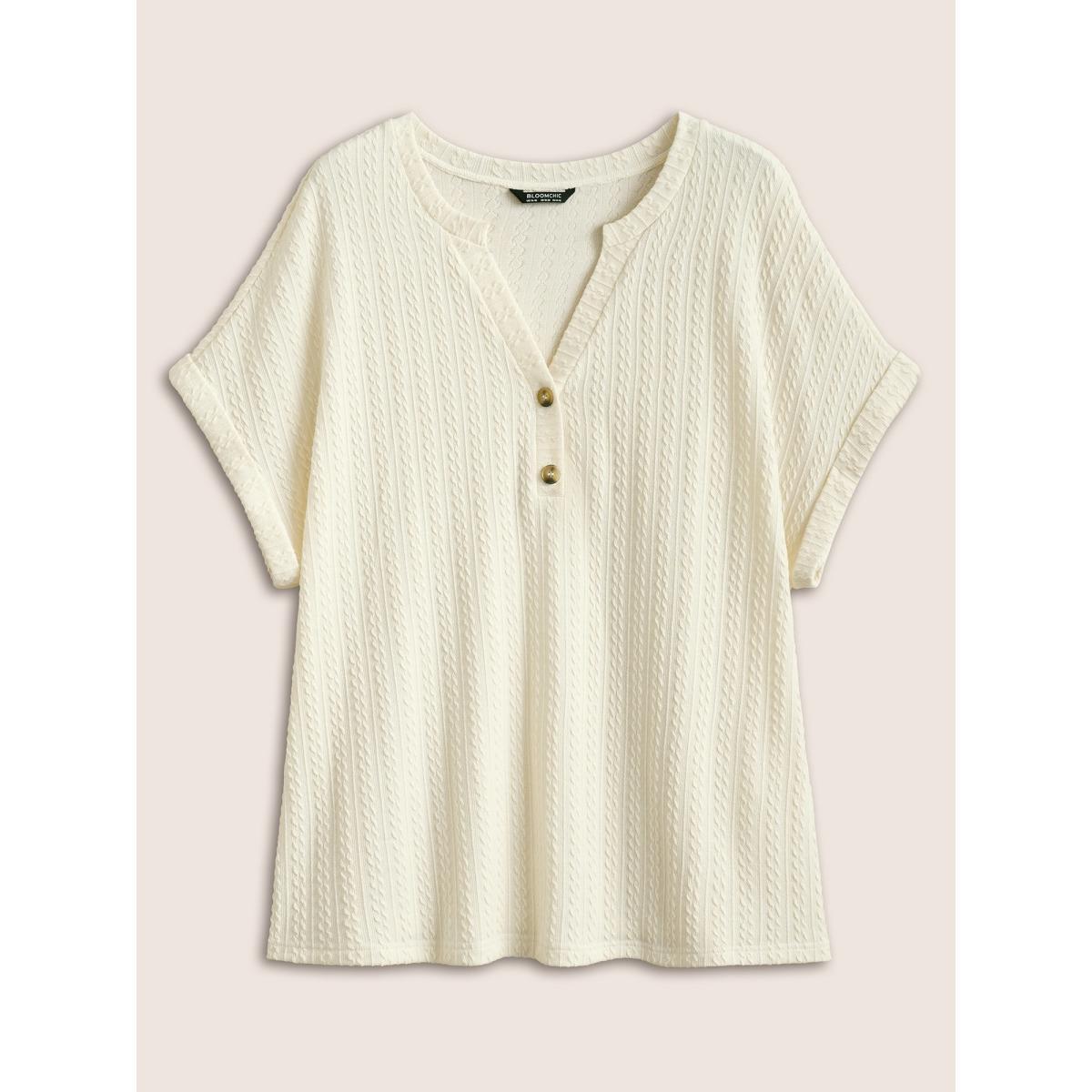 Plus Size Plisse Dolman Sleeve Button Up T-shirt Beige Women Casual Button Flat collar with V-notch Everyday T-shirts BloomChic 10/M Product Image