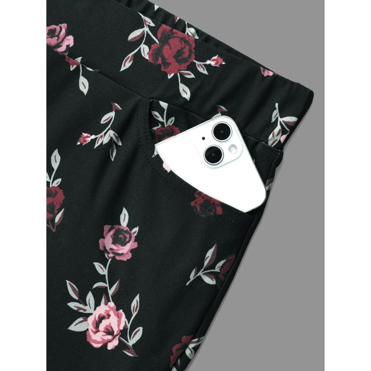 Plus Size Floral Mid-Rise Bootcut Pants Women BlackFlower Elegant High stretch Bootcut Mid Rise Everyday Leggings BloomChic 18-20/2X Product Image