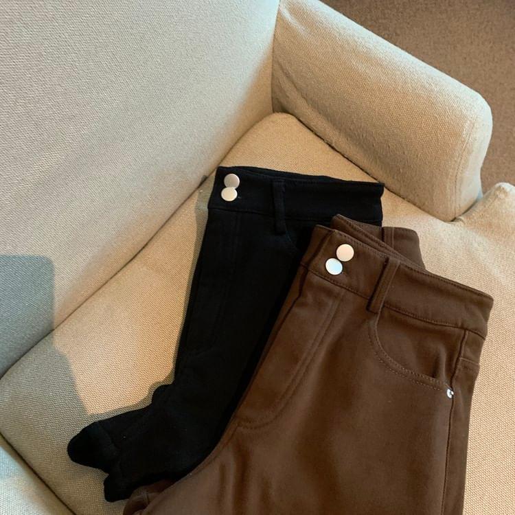 High Waist Plain Asymmetrical Denim Hot Pants Product Image