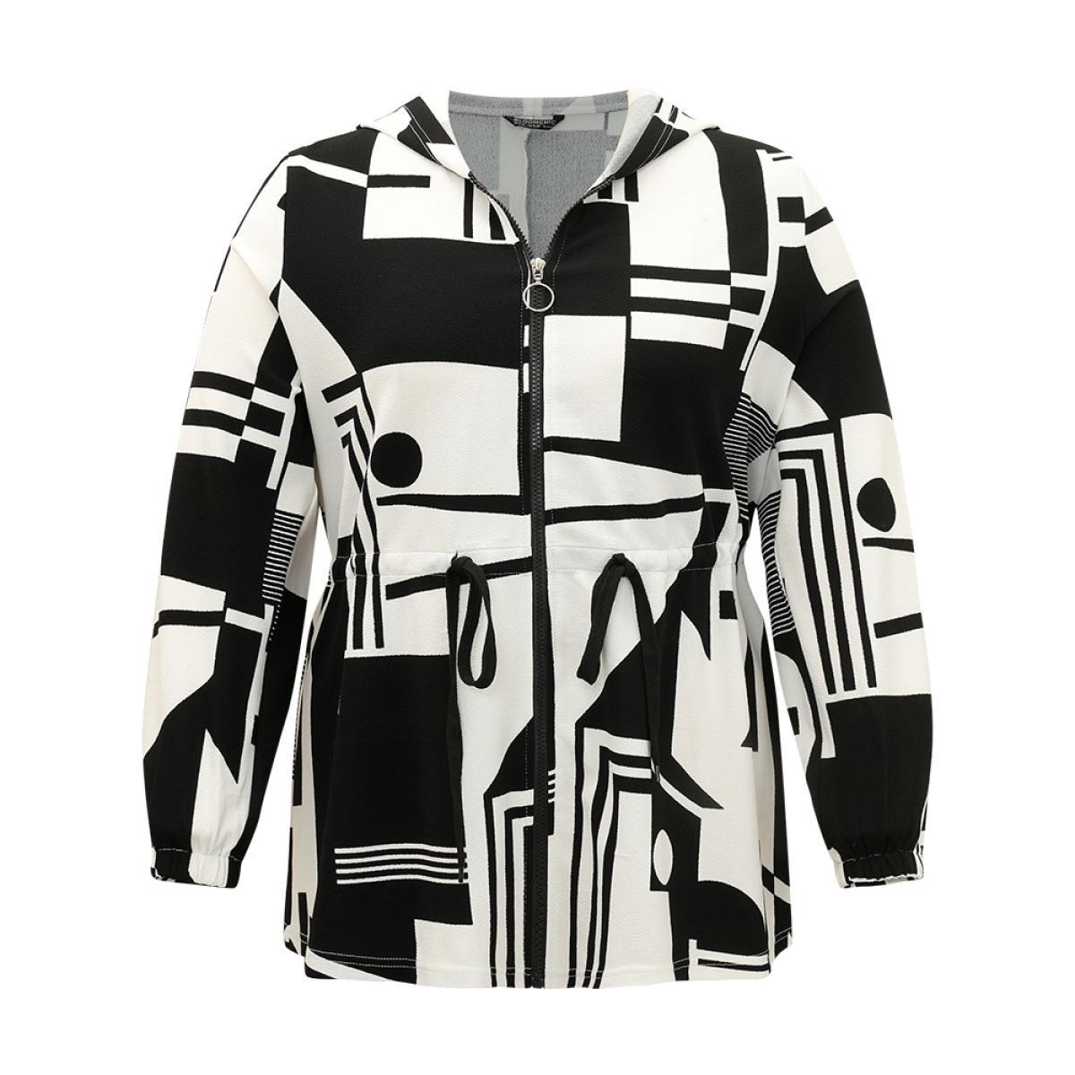 Plus Size Halloween Geometric Print Drawstring Zipper Hooded Knot Jacket Women Black Zipper Dailywear Jackets BloomChic 26/4X Product Image