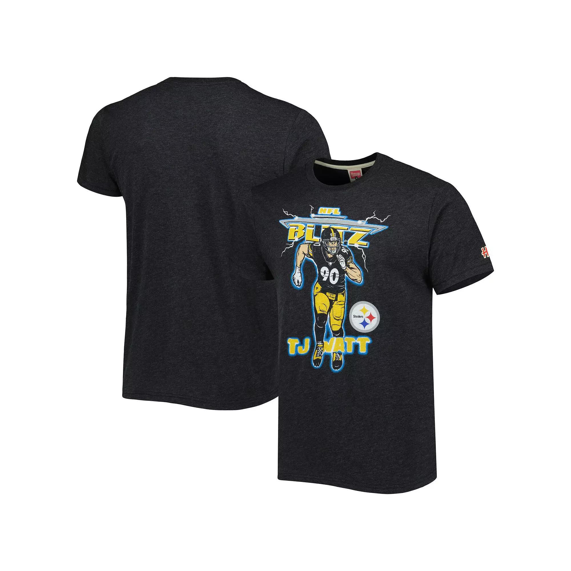 Men's Homage T.J. Watt Heathered Charcoal Pittsburgh Steelers NFL Blitz Player Tri-Blend T-Shirt, Size: 2XL Product Image
