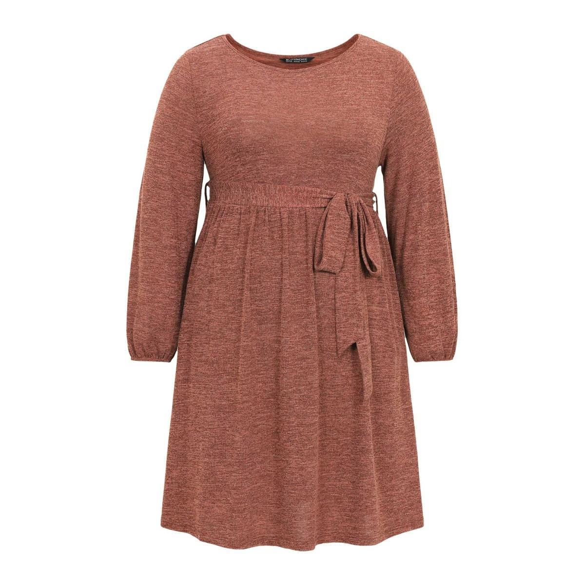 Plus Size Solid Belted Elastic Cuffs Jacquard Dress Rust Women Casual Elastic cuffs Round Neck Long Sleeve Curvy Midi Dress BloomChic 28/5X Product Image