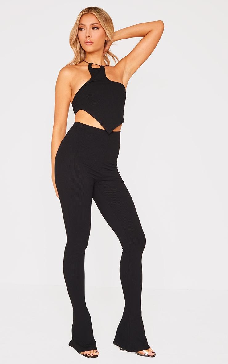 Black Rib Strappy Crop Top & Flare Legging Set Product Image
