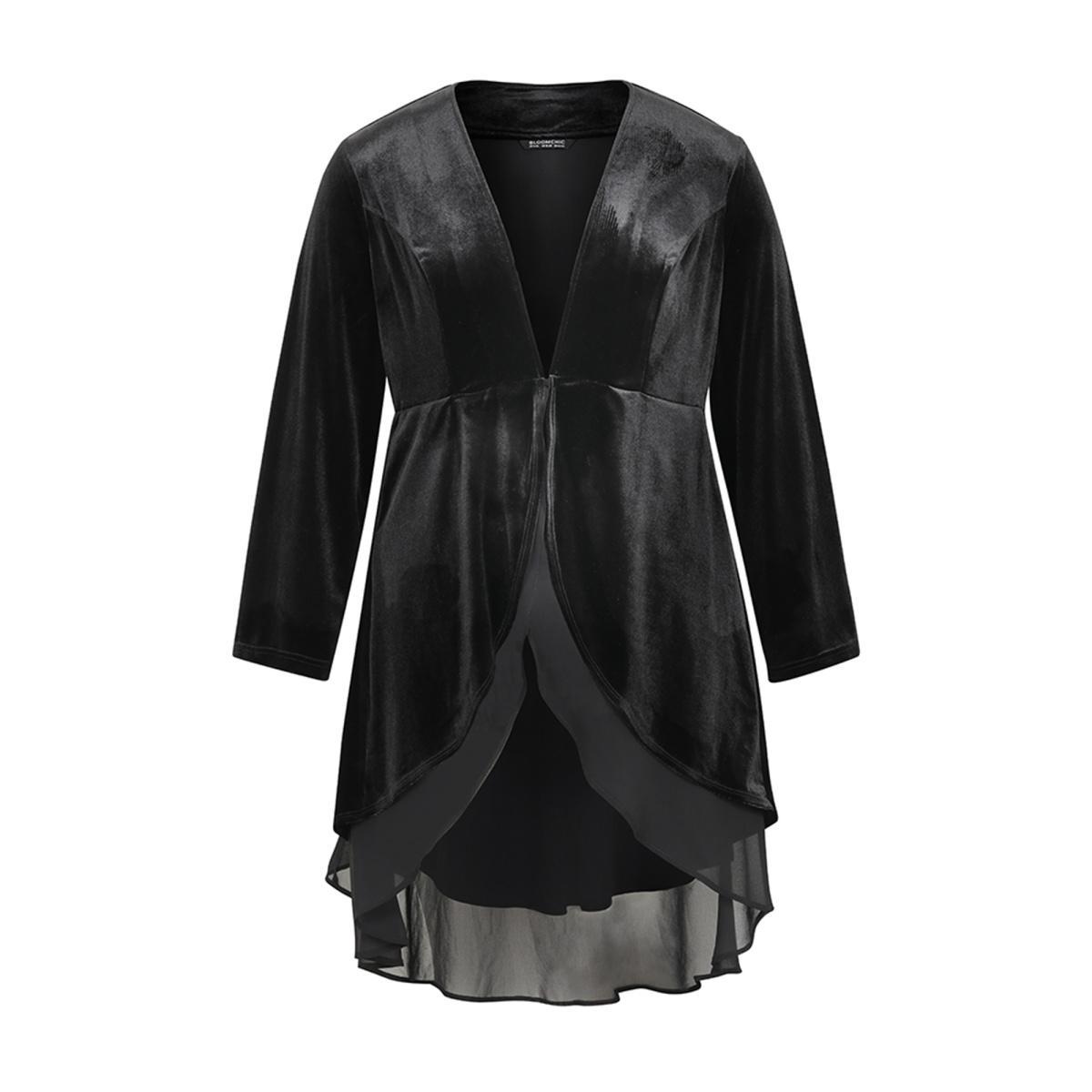 Plus Size Velvet Mesh Patchwork Asymmetrical Hem Coat Women Black Cocktail Velvet Ladies Party Winter Coats BloomChic 28/5X Product Image