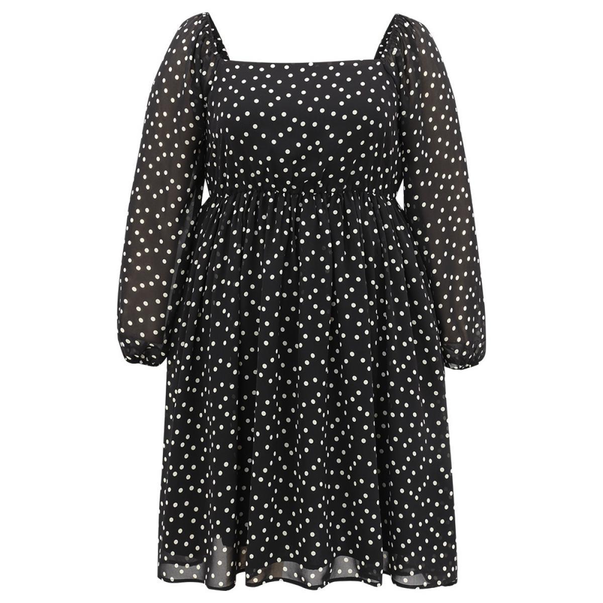 Plus Size Polka Dot Square Neck Gathered Lantern Sleeve Dress Black Women Casual Elastic cuffs Square Neck Long Sleeve Curvy Midi Dress BloomChic 30/6X Product Image