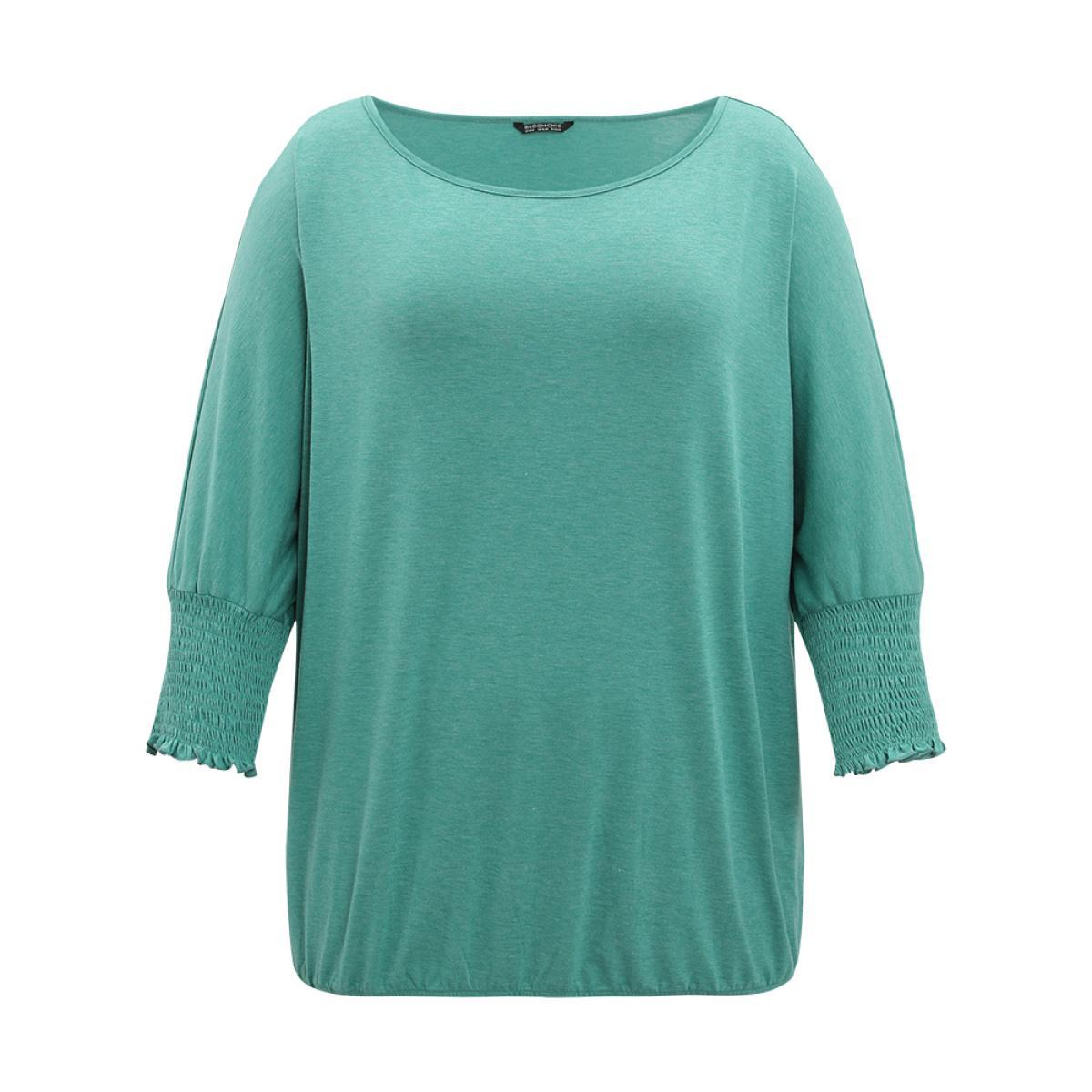 Plus Size Solid Heather Shirred Batwing Sleeve T-shirt Emerald Women Elegant Shirred Plain Round Neck Dailywear T-shirts BloomChic 22-24/3X Product Image
