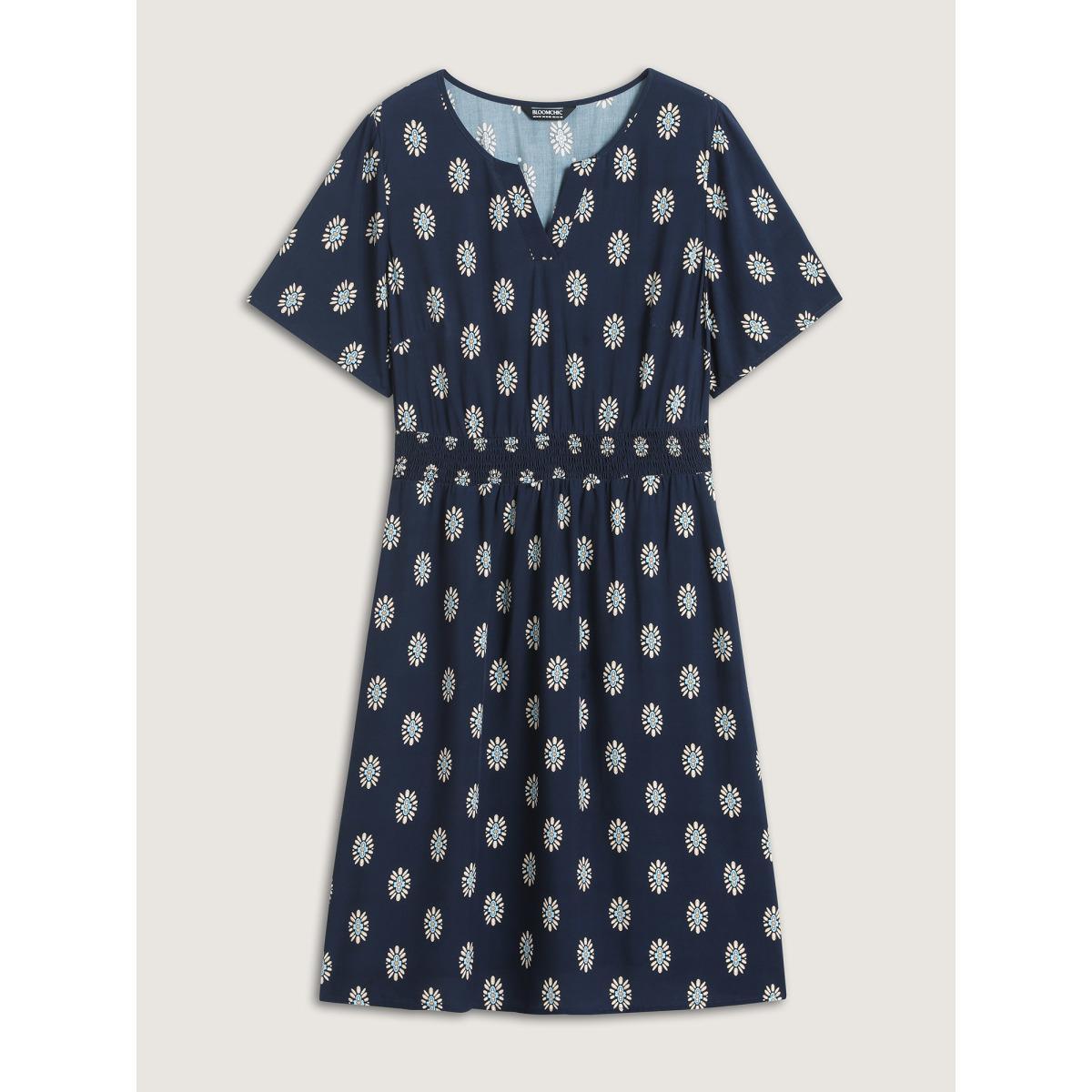 Plus Size Rayon Geometric Floral Print Shirred Midi Dress DarkBlue Women Notched collar Short sleeve Curvy BloomChic 10/M Product Image