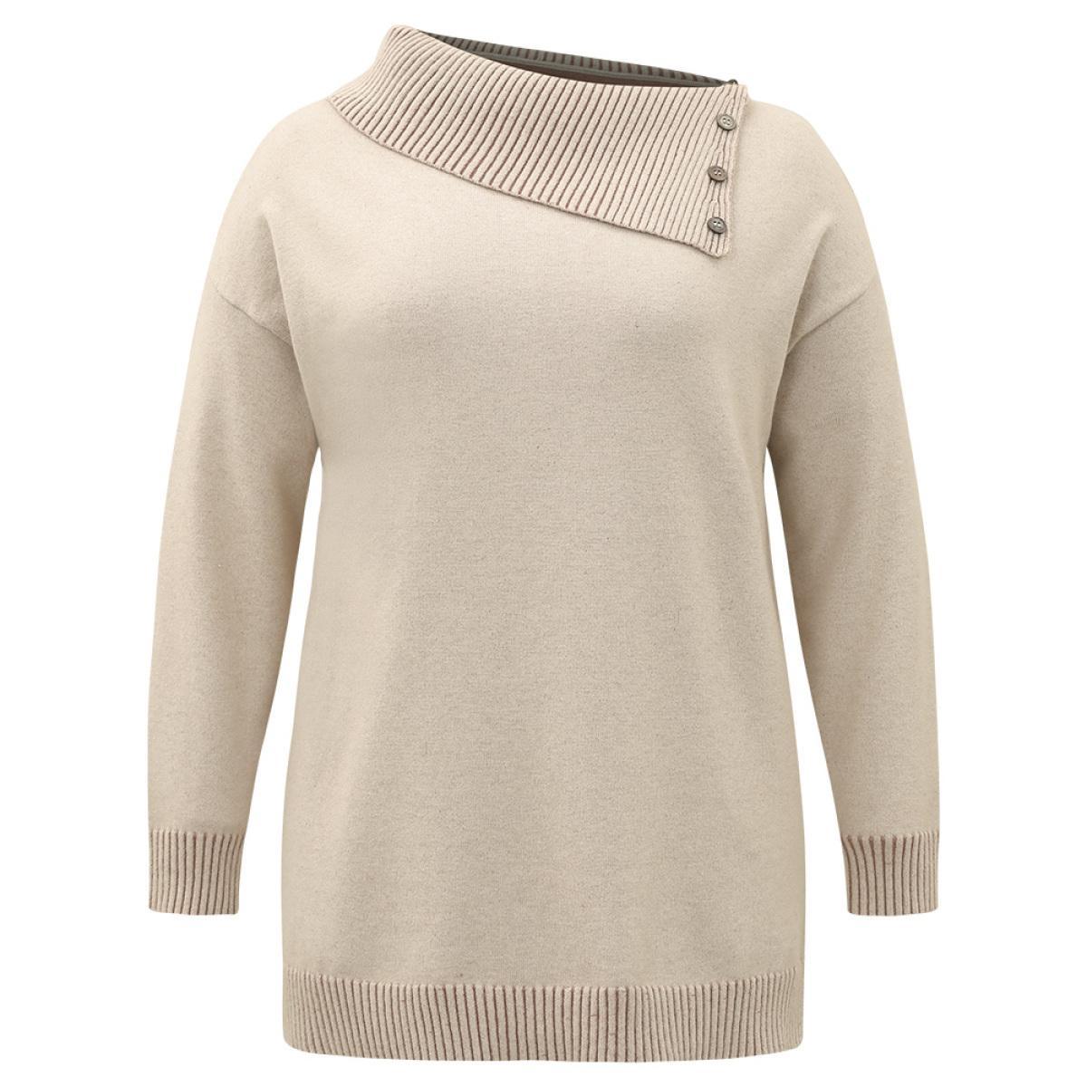 Plus Size Supersoft Essentials Asymmetrical Neck Button Detail Pullover LightBrown Women Casual Loose Long Sleeve Asymmetrical Neck Dailywear Pullovers BloomChic 22-24/3X Product Image