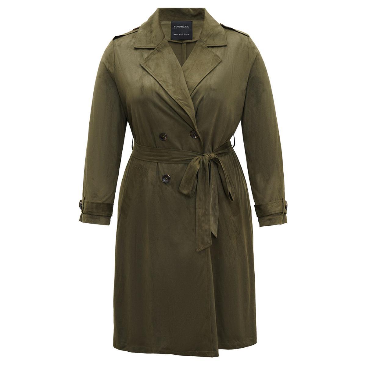 Plus Size Plain Lapel Collar Pocket Belted Faux Suede Coat Women ArmyGreen Casual Plain Ladies Dailywear Winter Coats BloomChic 10/M Product Image