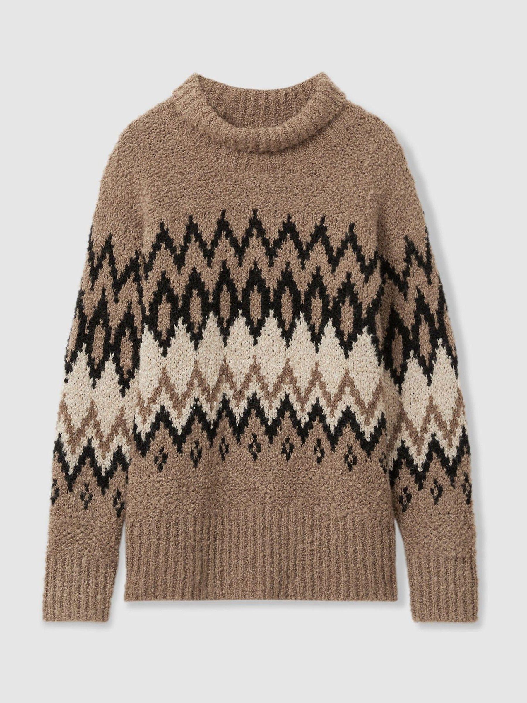 Chunky Fairisle Pattern Knit Funnel Neck Jumper in Brown Product Image