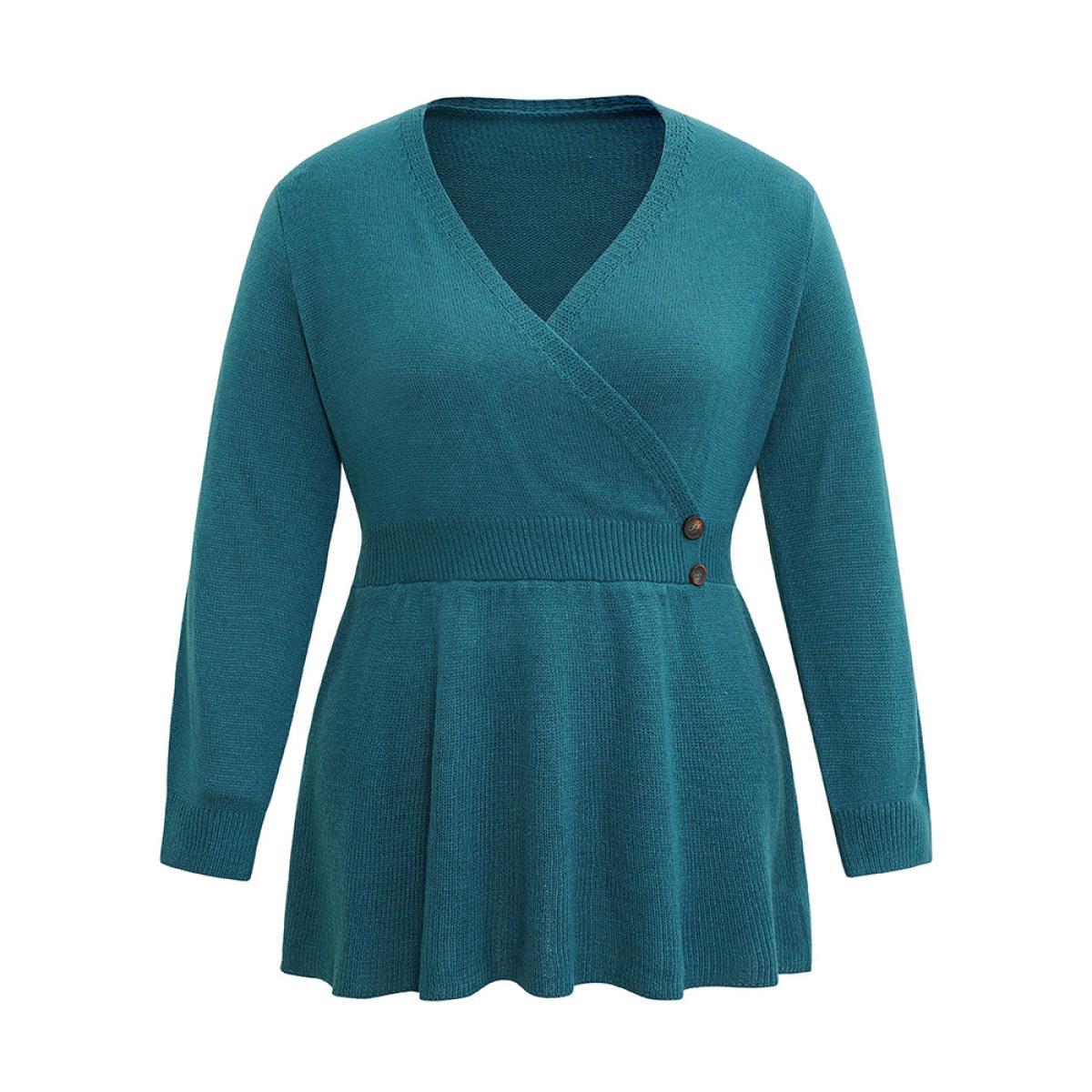 Plus Size Plain V Neck Button Detail Knit Pullover Teal Women Casual Loose Long Sleeve V-neck Dailywear Pullovers BloomChic 10/M Product Image