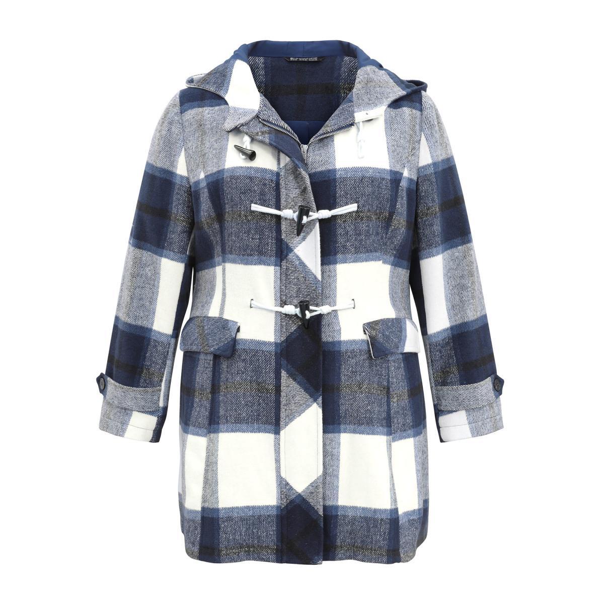 Plus Size Plaid Hooded Duffle Button Zipper Coat Women Indigo Casual Lined Ladies Dailywear Winter Coats BloomChic 28/5X Product Image
