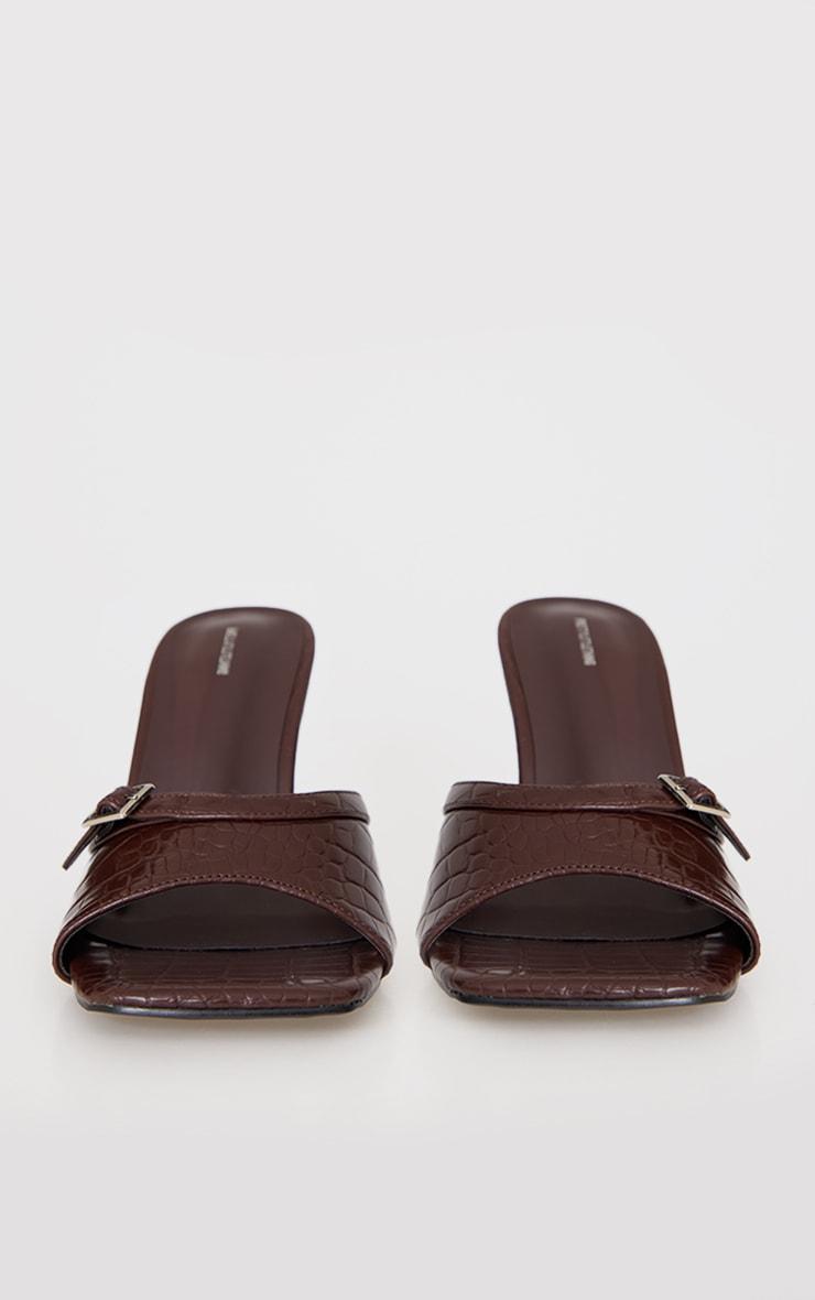 Brown Croc PU Square Toe Gold Buckle High Stiletto Heeled Mules Product Image