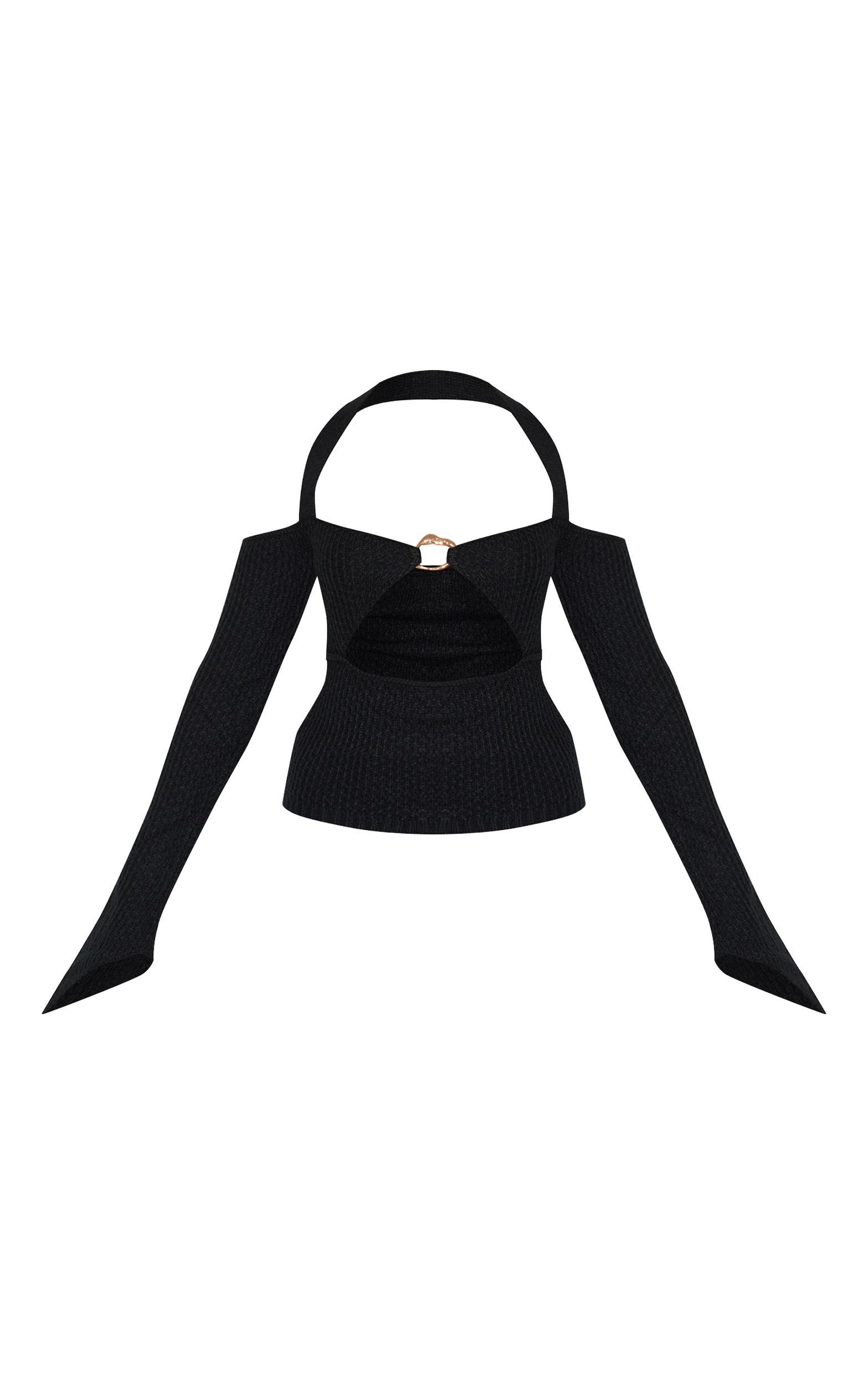 Black Bardot Halterneck Gold Trim Cross Stitch Knitted Top Product Image