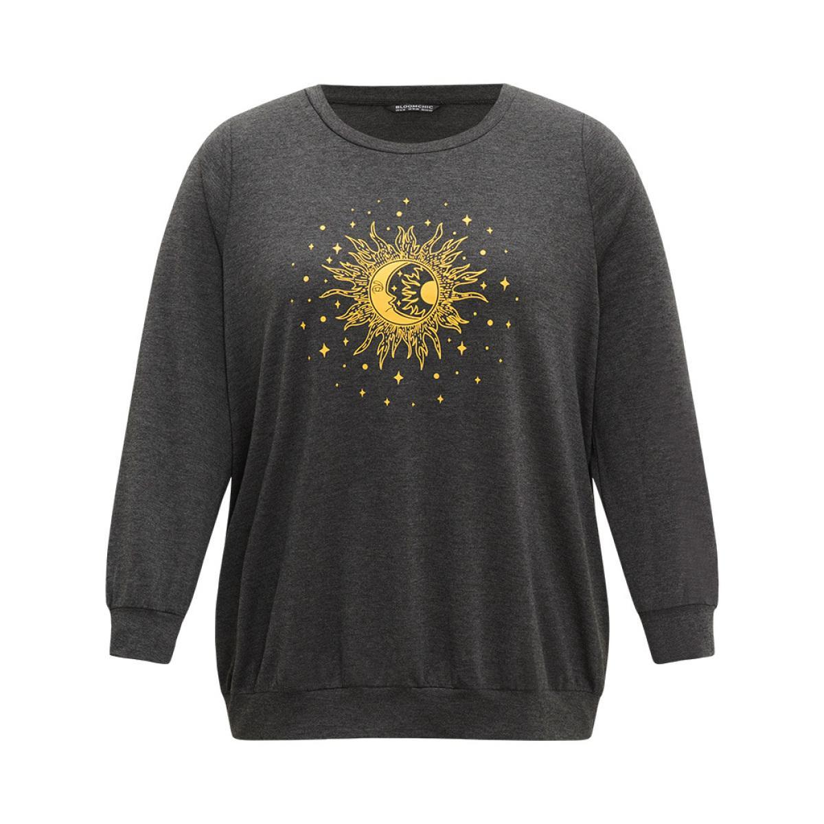 Plus Size Moon and Star Print Crew Neck Elastic Cuffs Sweatshirt Women Gray Casual Elastic cuffs Dailywear Sweatshirts BloomChic 22-24/3X Product Image