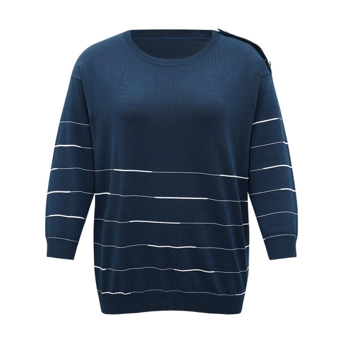 Plus Size Striped Metal Button Detail Elastic Cuffs Pullover Navy Women Casual Loose Long Sleeve Round Neck Everyday Pullovers BloomChic 10/M Product Image