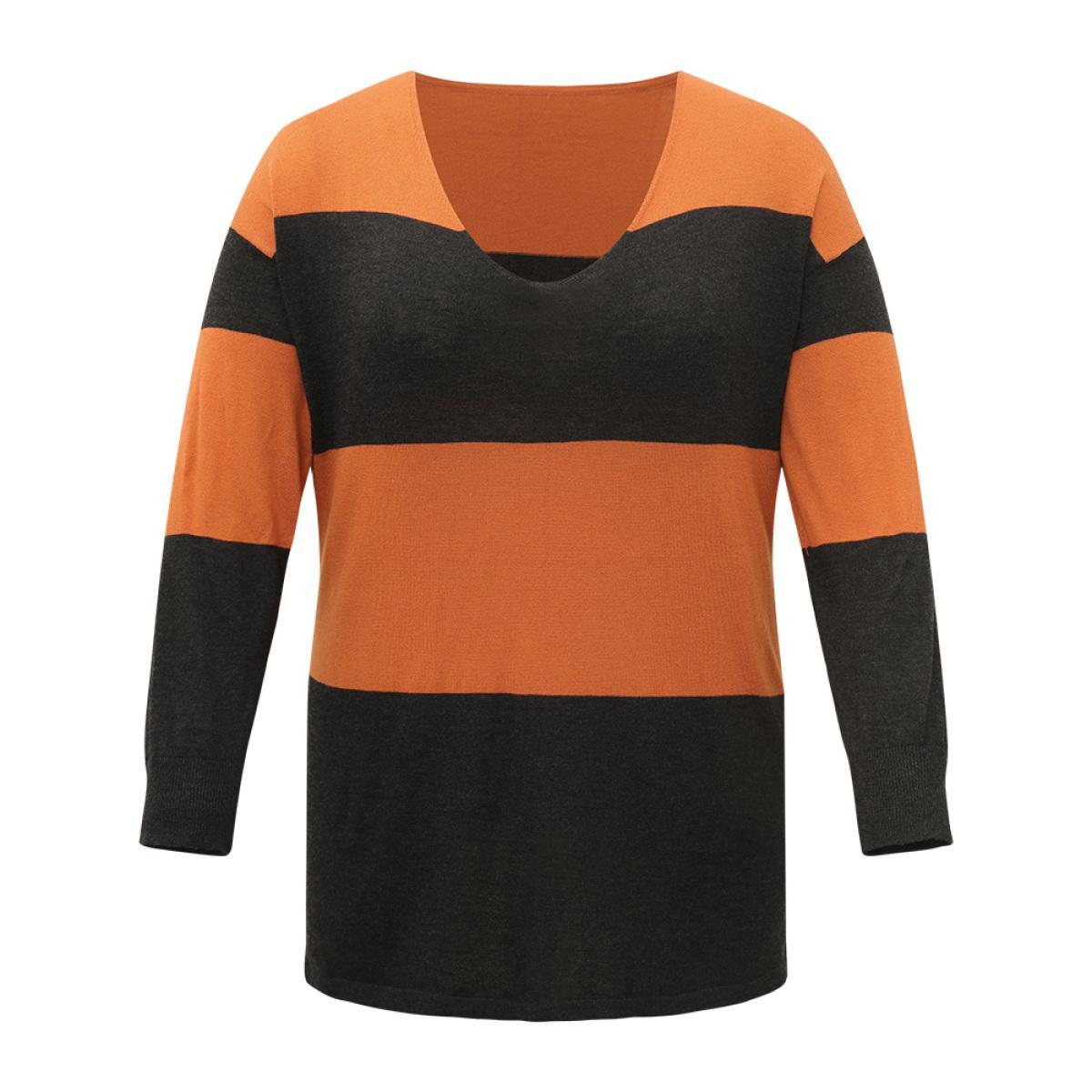 Plus Size Halloween Supersoft Essentials Colorblock Contrast Elastic Cuffs Pullover Orange Women Casual Loose Long Sleeve V-neck Everyday Pullovers BloomChic 30/6X Product Image