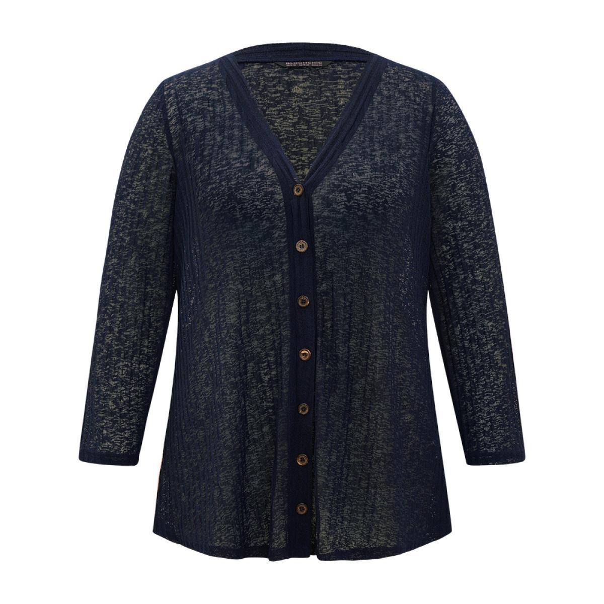 Plus Size Solid Rib Knit Button Through Mesh Kimono Women DarkBlue Casual See through Dailywear Kimonos BloomChic 18-20/2X Product Image