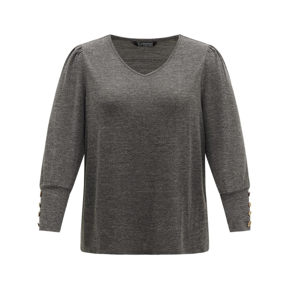 Plus Size Plain Heather Elastic Cuffs Button Detail T-shirt Gray Women Casual Elastic cuffs Plain V-neck Dailywear T-shirts BloomChic 10/M Product Image