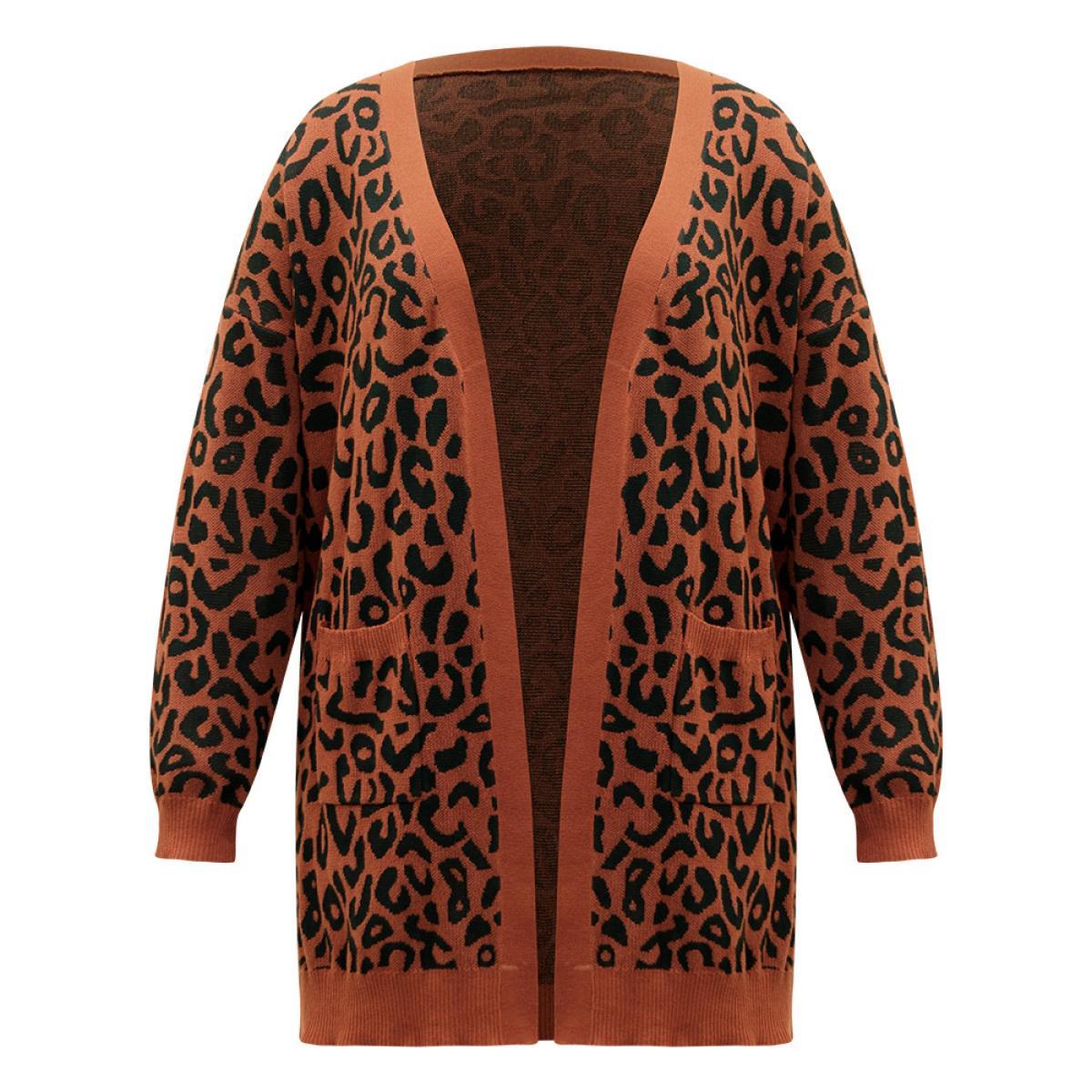 Plus Size Halloween Leopard Print Patched Pocket Split Side Cardigan Leopard Women Casual Loose Long Sleeve Festival-Halloween Cardigans BloomChic 22-24/3X Product Image