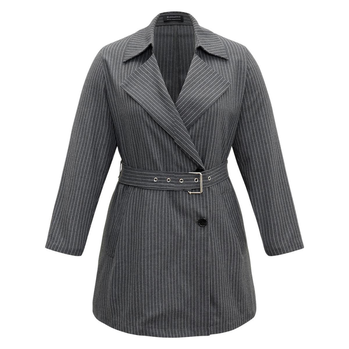 Plus Size Striped Belted Lapel Collar Tunic Coat Women DimGray Casual Belted Ladies Dailywear Winter Coats BloomChic 28/5X Product Image