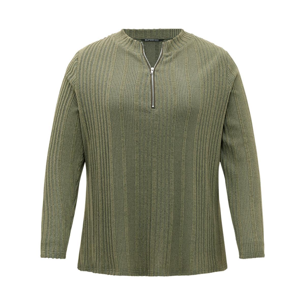 Plus Size Plain Rib Knit Half Zip T-shirt Green Women Casual Texture Plain Open Front Dailywear T-shirts BloomChic 10/M Product Image