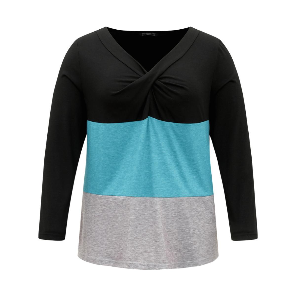 Plus Size Colorblock Contrast Twist Front T-shirt Multicolor Women Casual Contrast Plain V-neck Dailywear T-shirts BloomChic 12/L Product Image