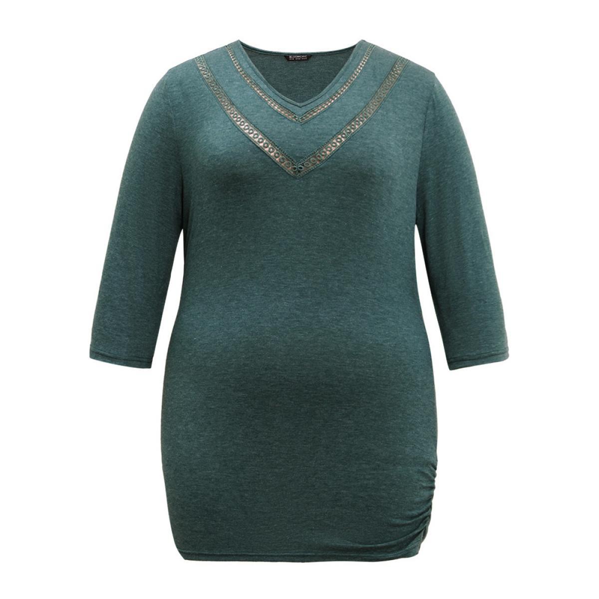 Plus Size Solid Gathered Contrast Lace V Neck T-shirt DarkGreen Women Elegant Gathered Plain V-neck Everyday T-shirts BloomChic 30/6X Product Image