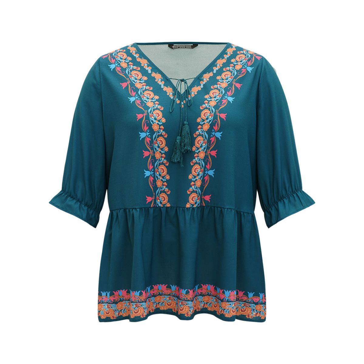 Plus Size Aegean Bandana Print Ties Flutter Trim Gathered Blouse Women Vacation Half Sleeve V-neck Dailywear Blouses BloomChic 18-20/2X Product Image