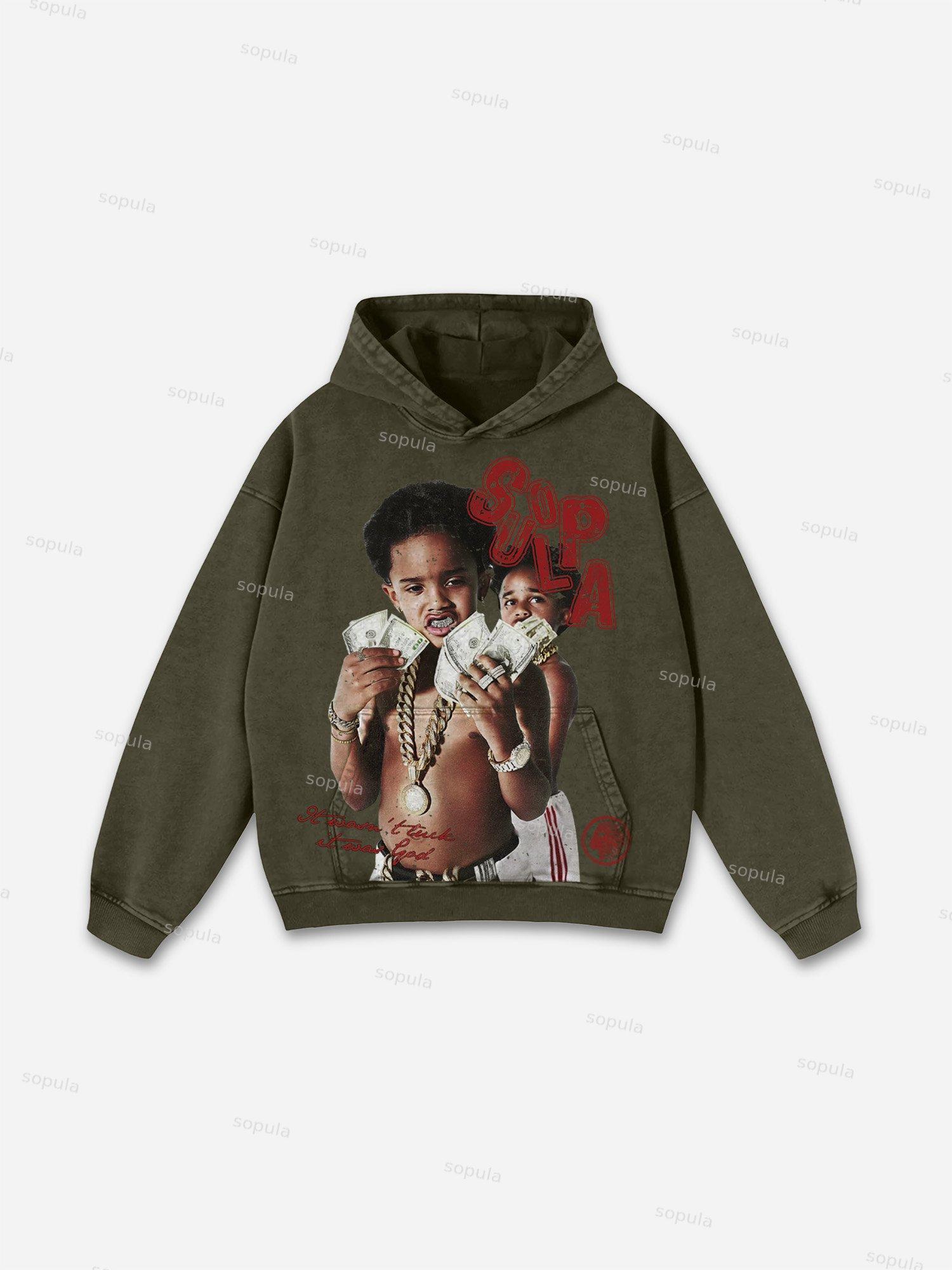 Money & Kids Vintage Print Acid Wash Hoodie Product Image