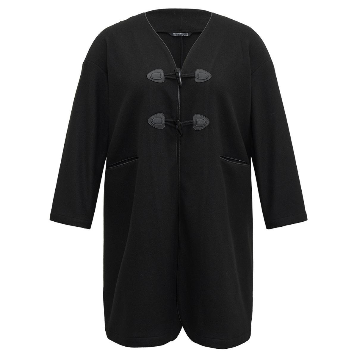 Plus Size Plain Duffle Button Pocket Coat Women Black Casual Plain Ladies Dailywear Winter Coats BloomChic 28/5X Product Image