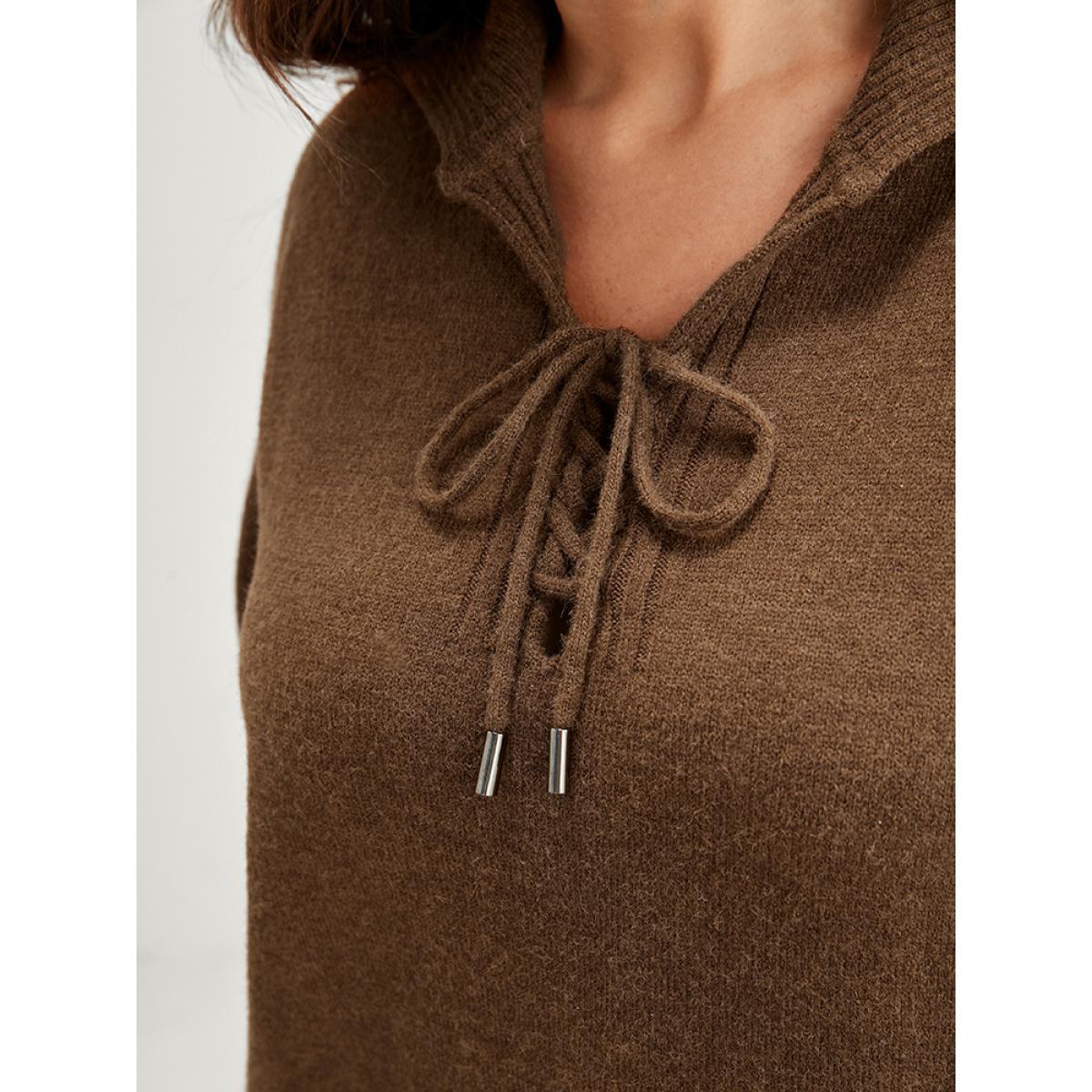 Plus Size Solid Super Soft Plush Knit Lace Up Knit Top Bronze Women Casual Loose Long Sleeve Lapel Collar Dailywear Pullovers BloomChic 26/4X Product Image