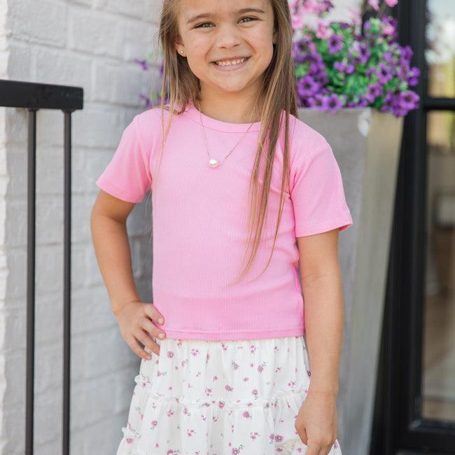 Kid's Everyday Essential Pink Ribbed Crew Neck Tee FINAL SALE Product Image
