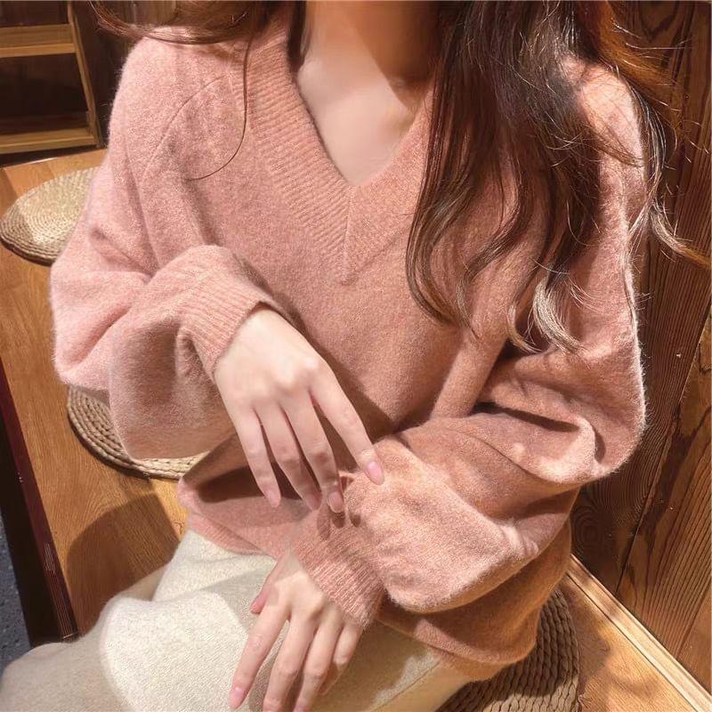 Puff-Sleeve V-Neck Melange Sweater Product Image