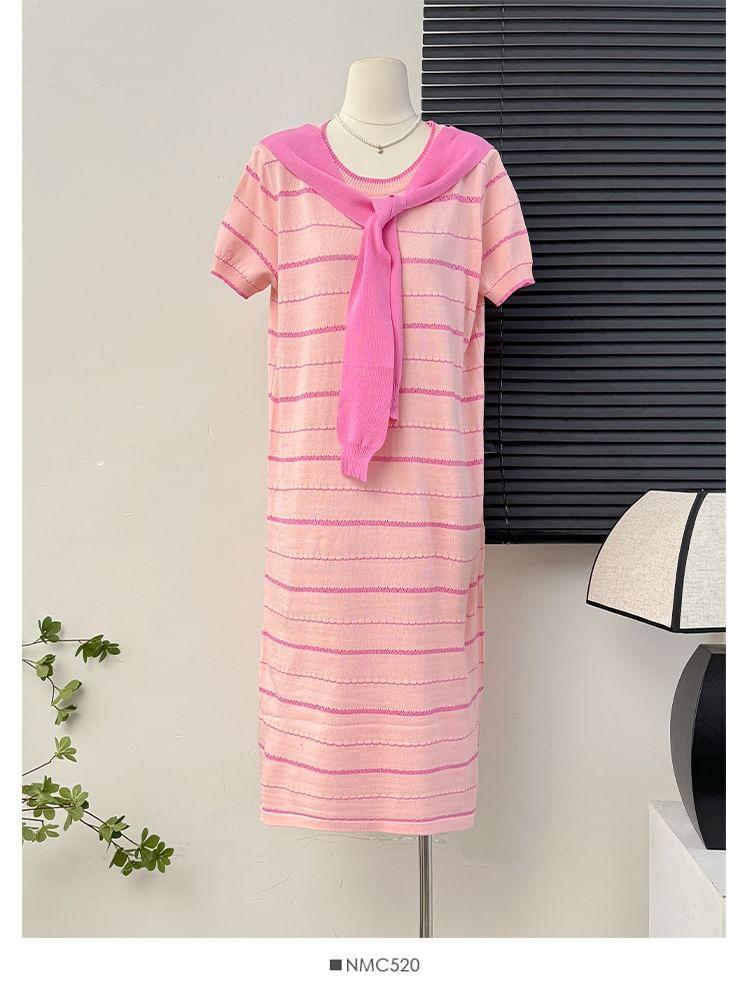 Inset-Shawl Striped Midi T-Shirt Dress Product Image