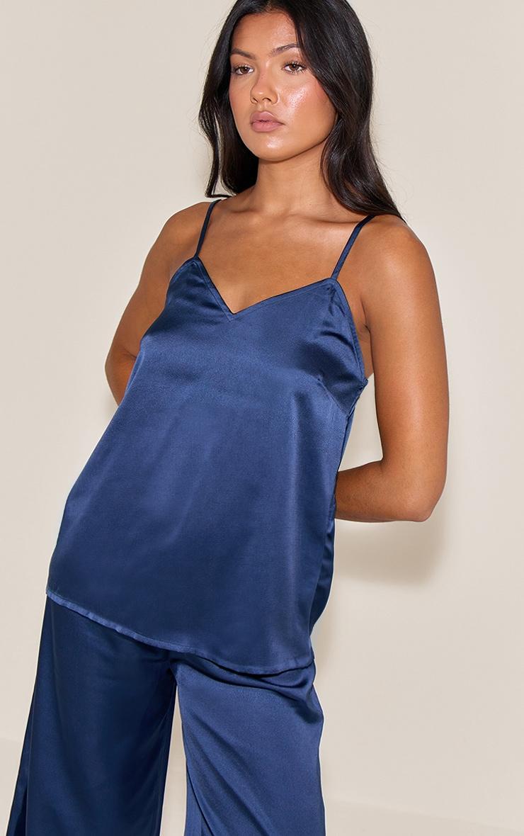 Navy Satin Cami And Pant Pj Set Product Image