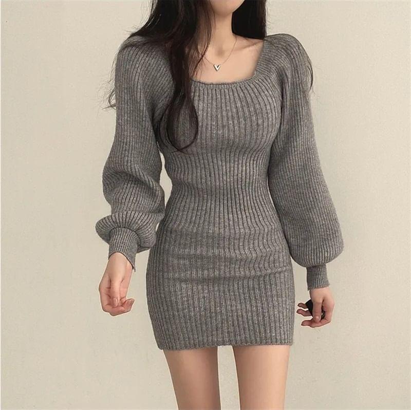 Square Neck Plain Mini Sheath Sweater Dress Product Image