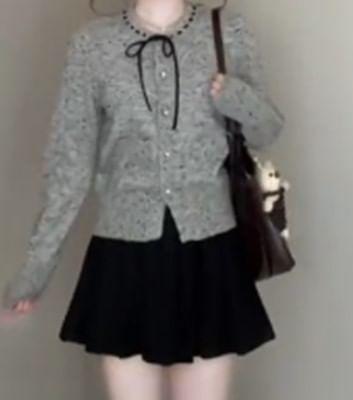 Round Neck Melange Bow Cardigan / High Waist Plain Pleated Mini A-Line Skirt Product Image