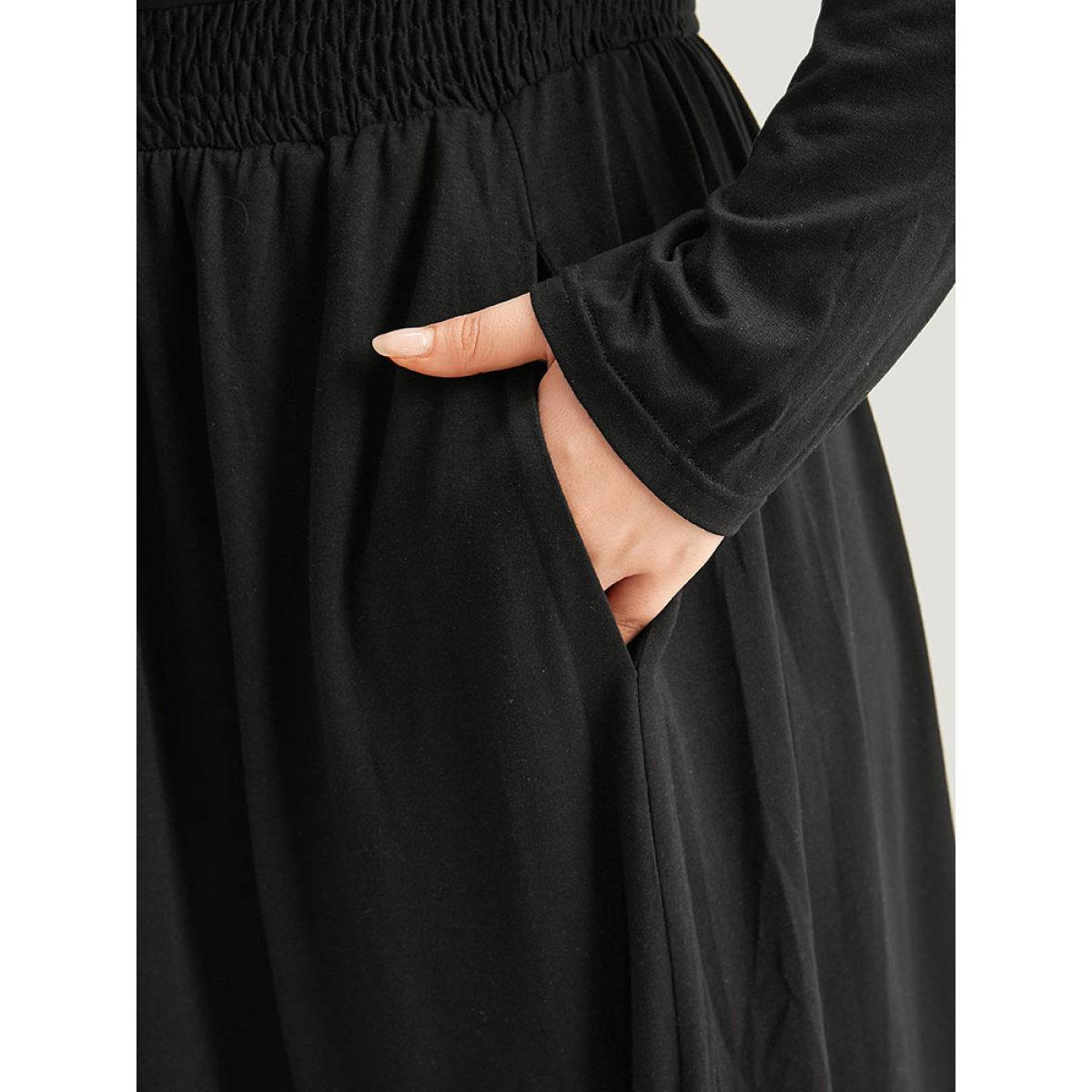 Plus Size Plain Lace Up Shirred Pocket Round Neck Dress Black Women Casual Plain Round Neck Long Sleeve Curvy Midi Dress BloomChic 10/M Product Image