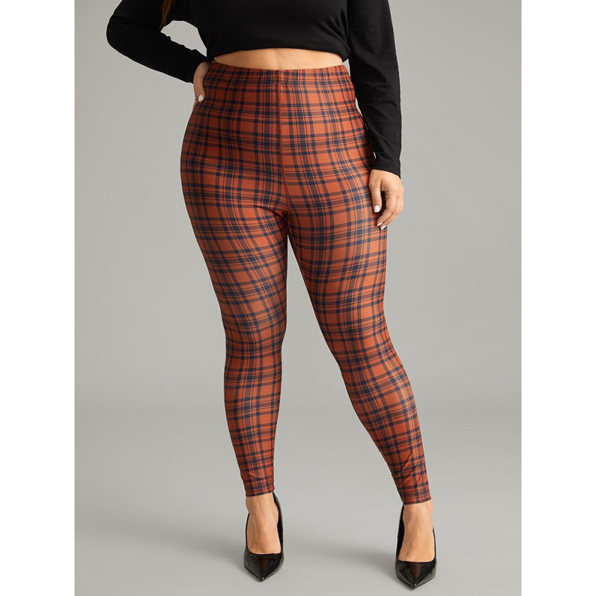Plus Size Plaid Skinny Elastic Waist Leggings Women Chocolate Elegant High stretch Skinny High Rise Dailywear Leggings BloomChic 12/L Product Image