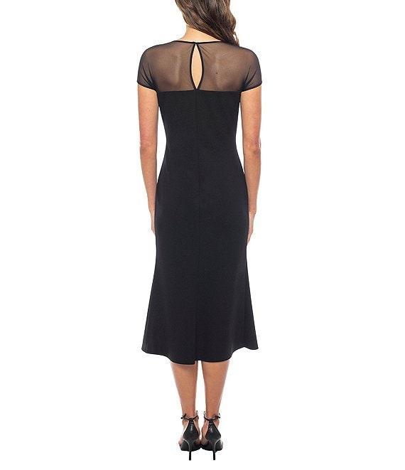 Marina Crew Neck Cap Sleeve Illusion Yoke Belted Scuba Crepe Sheath Midi Dress Product Image