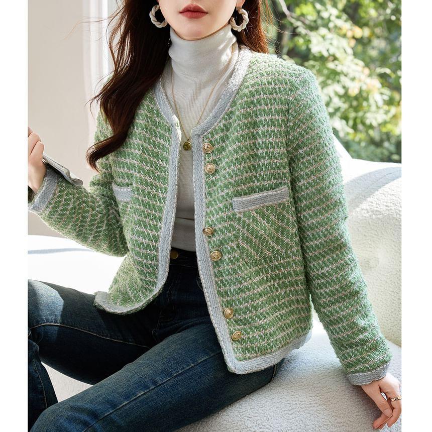 Round Neck Patterned Cropped Tweed Button Jacket Product Image